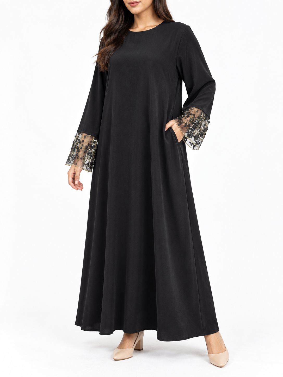 FUMIDAR Hana Lace-Cuff Abaya in Black — view 6