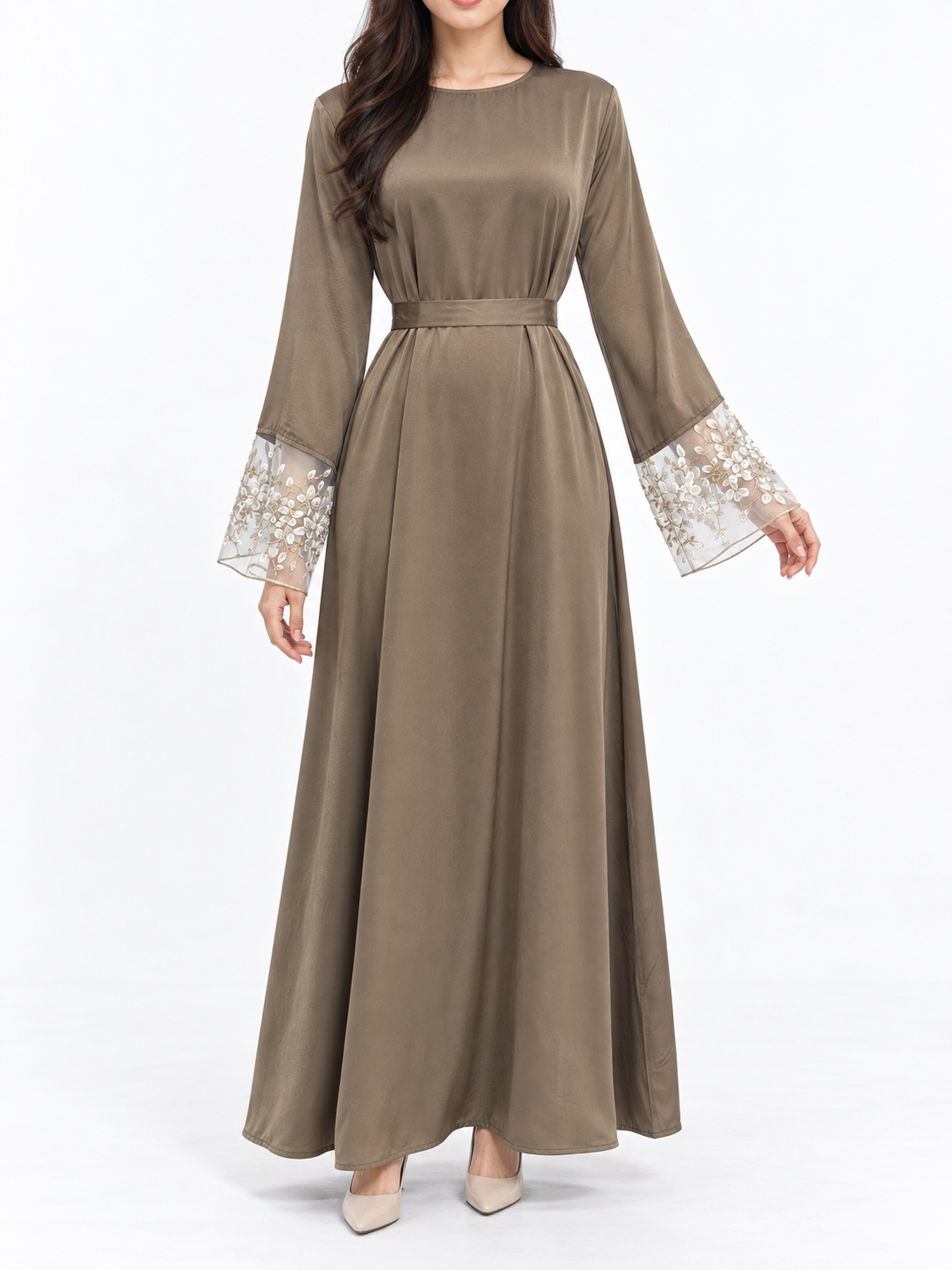 FUMIDAR Hana Lace-Cuff Abaya in Brown — view 1