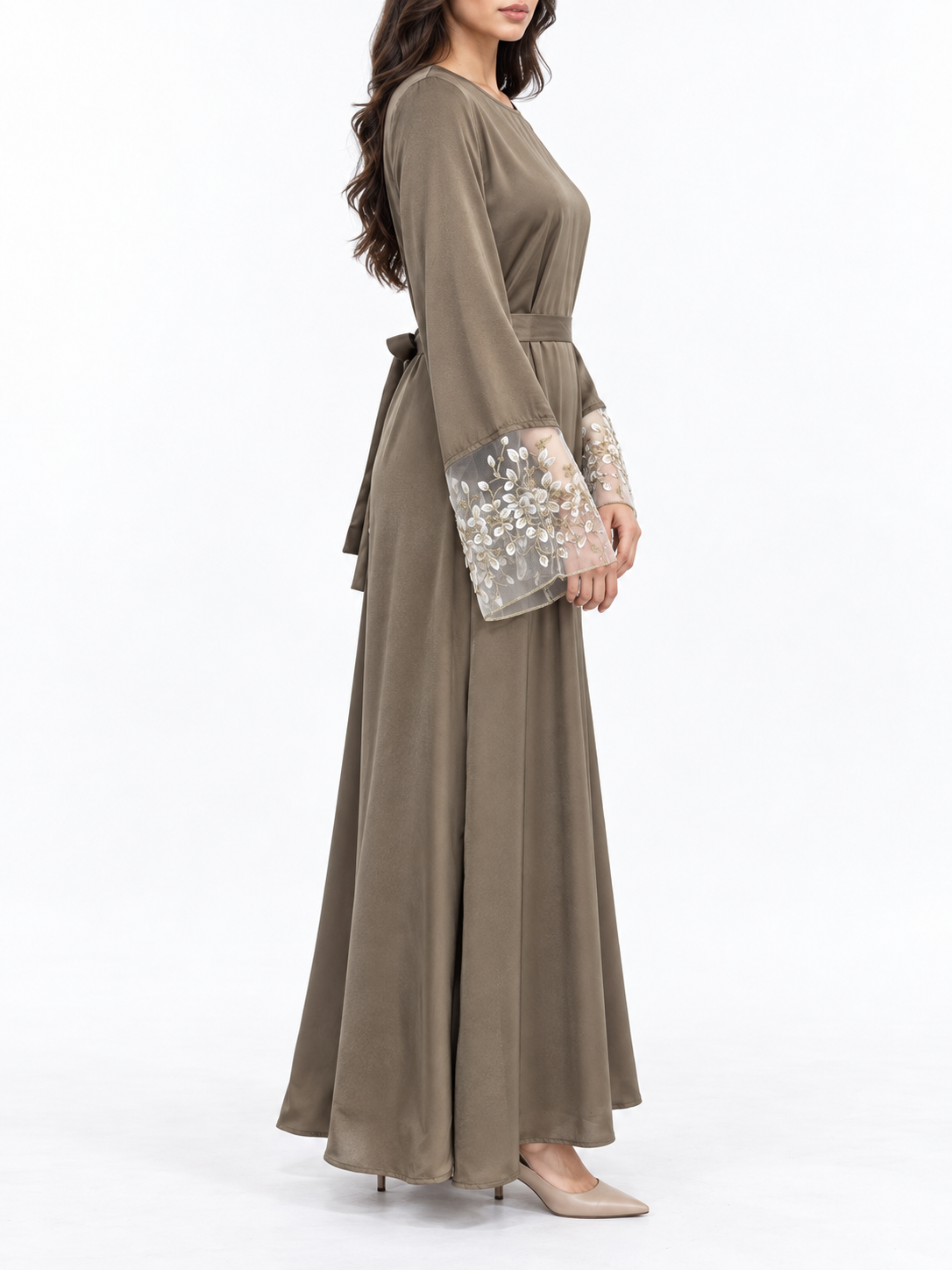 FUMIDAR Hana Lace-Cuff Abaya in Brown — view 2