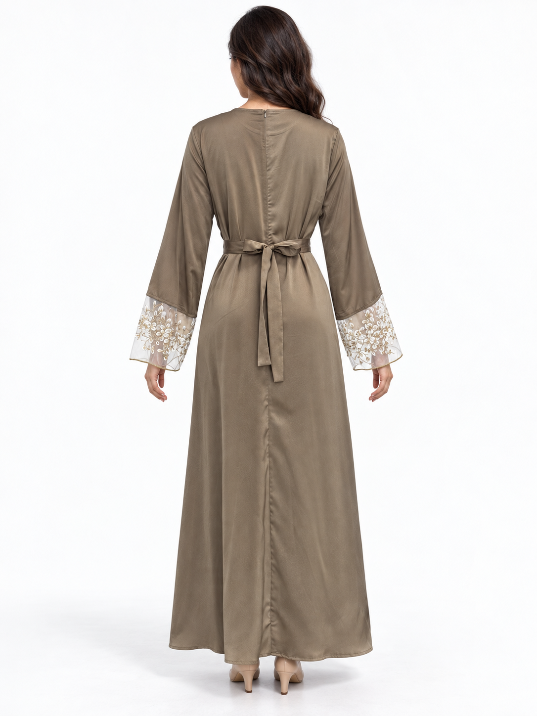 FUMIDAR Hana Lace-Cuff Abaya in Brown — view 3