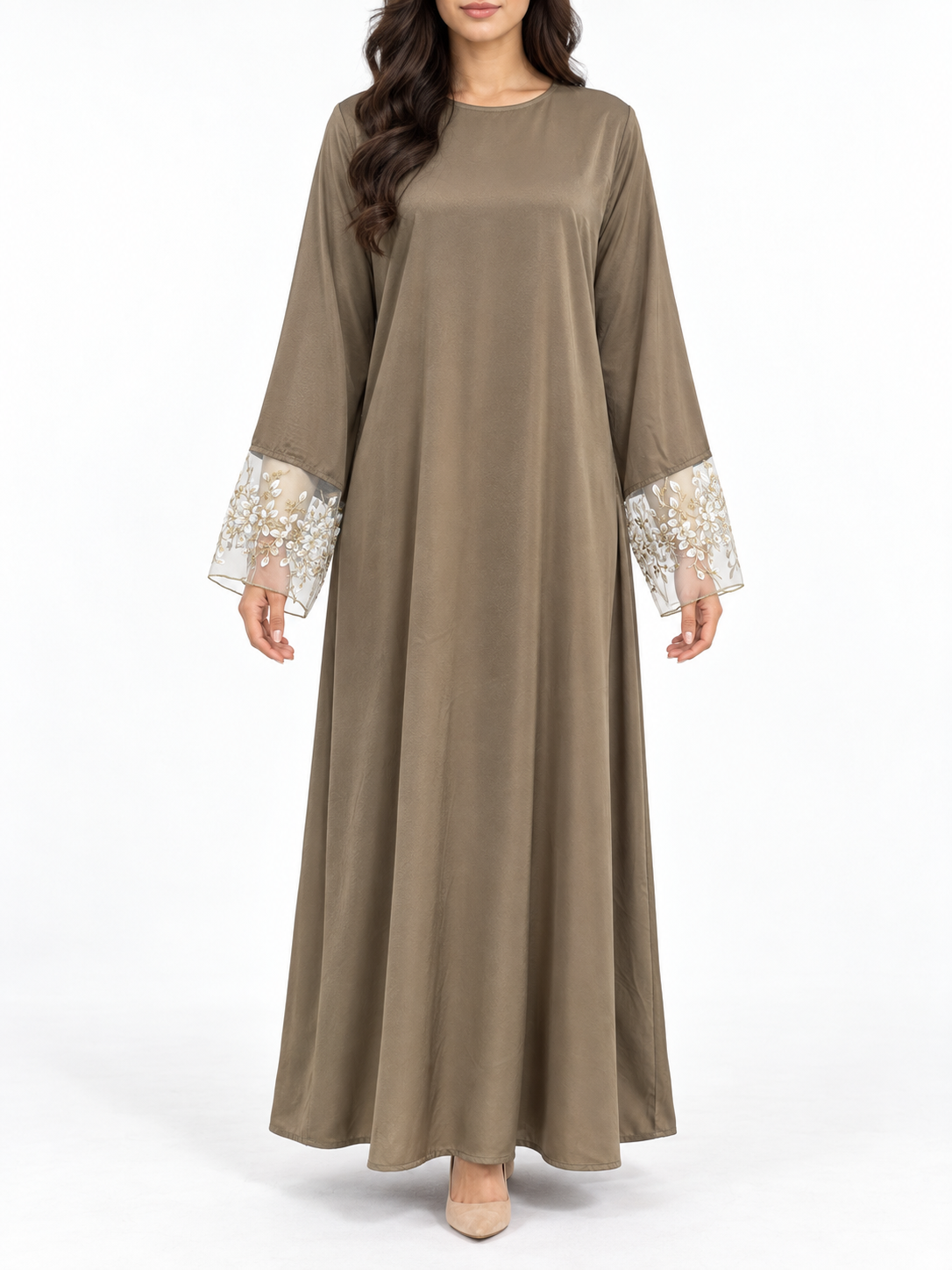 FUMIDAR Hana Lace-Cuff Abaya in Brown — view 4
