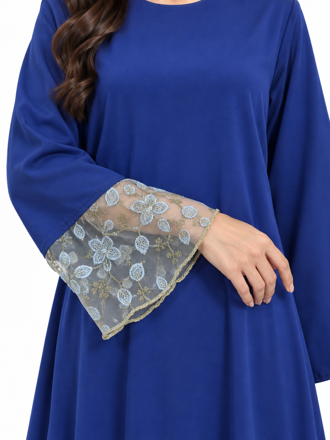 FUMIDAR Hana Lace-Cuff Abaya in Royal Blue — view 6