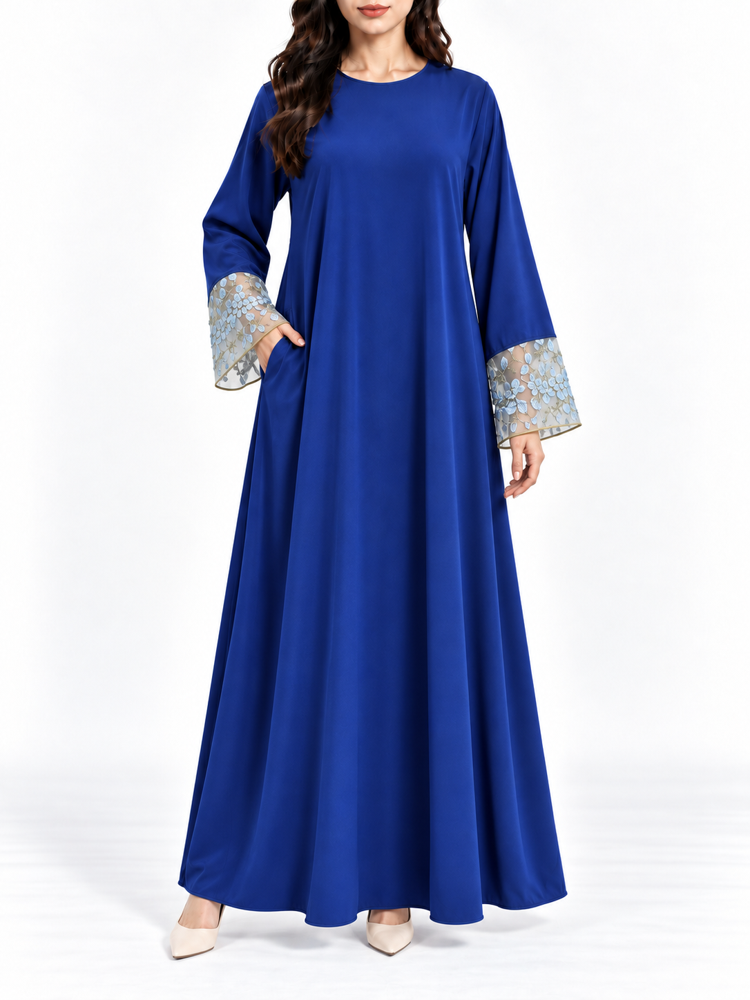 FUMIDAR Hana Lace-Cuff Abaya in Royal Blue — view 7